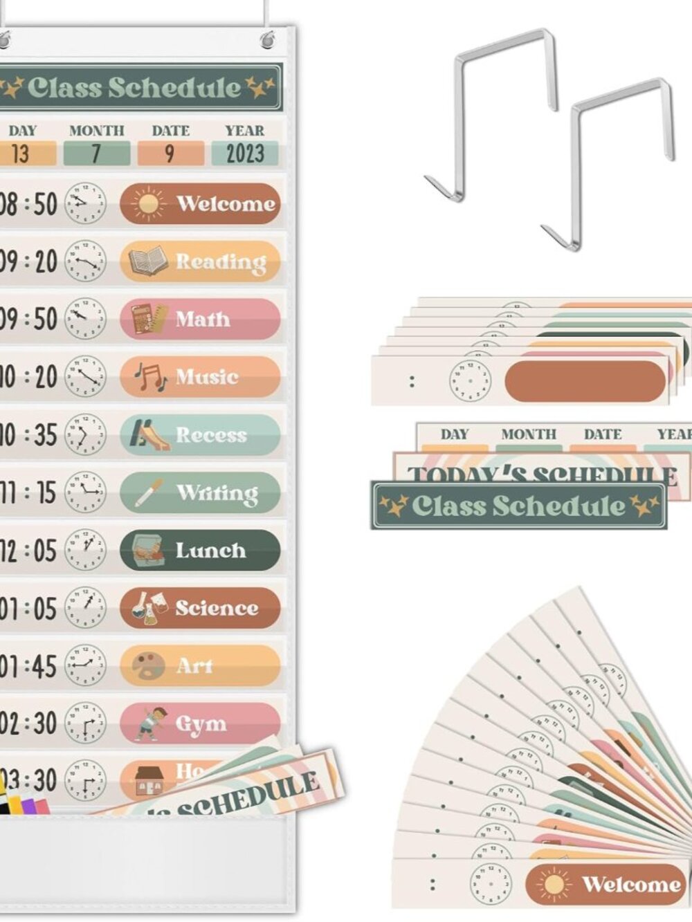Boho Daily Schedule Pocket Chart for Classroom with 24 Cards,Welcome Back to Sch